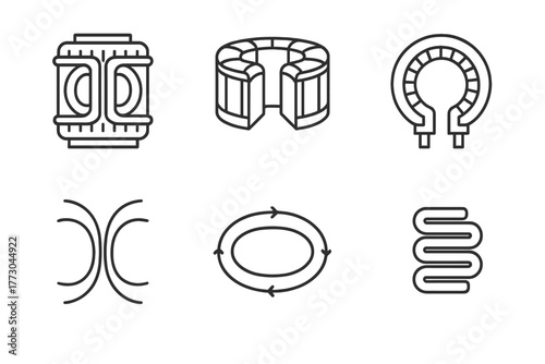 Nuclear Fusion Icons. Line style icons of nuclear fusion: tokamak reactor, toroidal chamber, superconducting magnet, magnetic