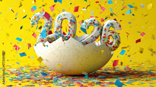 Bright glossy numbers 2026 breaking out of egg shell with confetti explosion and vibrant background, festive concept of new year celebration and creative design