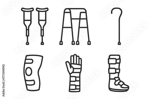 Rehabilitation Tools Icons. Line style icons of rehabilitation tools: crutches, walker, cane, knee brace, wrist splint, orthopedic