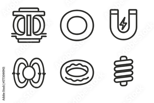 Nuclear Fusion Icons. Line style icons of nuclear fusion: tokamak reactor, toroidal chamber, superconducting magnet, magnetic