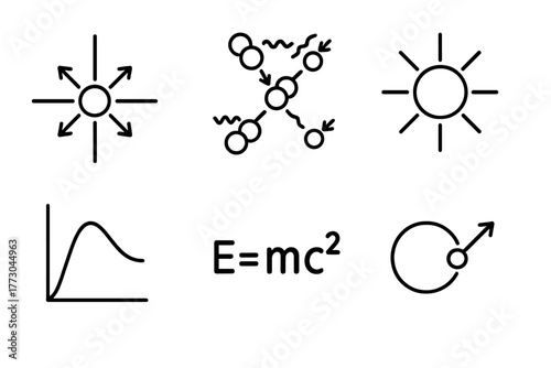 Astrophysics Line Icons. Line style icons of astrophysics: hydrogen fusion, proton-proton chain, stellar core reaction, nuclear