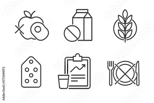 Nutrition Science Icons. Line style icons of nutrition science: food intolerances, lactose intolerance icon, gluten-free symbol,