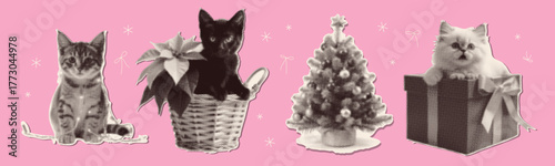 Christmas halftone collage paper cut out stickers set. Funny stickers with cats in Christmas lights, in gift box, in poinsettia pot with xmas tree. Retro vector illustration isolated