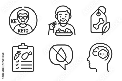 Keto Diet Icons. Line style icons of ketogenic diet: keto for seniors, aging person on keto icon, simplified meal plan, bone