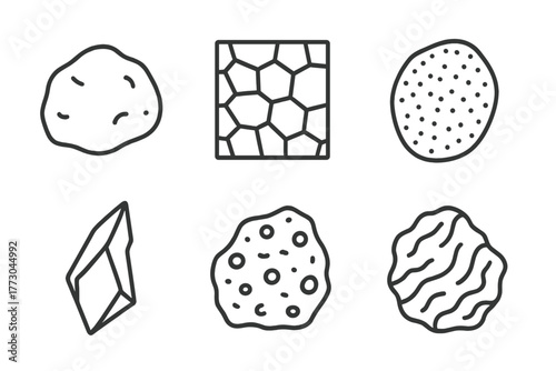 Volcanology Icon Collection. Line style icons of volcanology: igneous rock sample, basalt texture, pumice stone, obsidian shard,