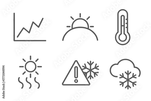 Meteorology Icons Collection. Line style icons of meteorology: temperature graph, daily temperature curve, thermometer icon,