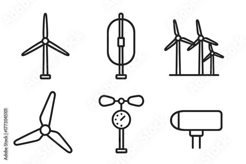 Wind Energy Icons. Line style icons of renewable energy: horizontal wind turbine, vertical axis turbine, wind farm, wind rotor