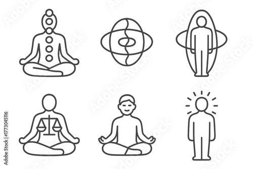 Holistic Healing Icons. Line style icons of holistic healing: chakra alignment, energy field symbol, body with aura rings,