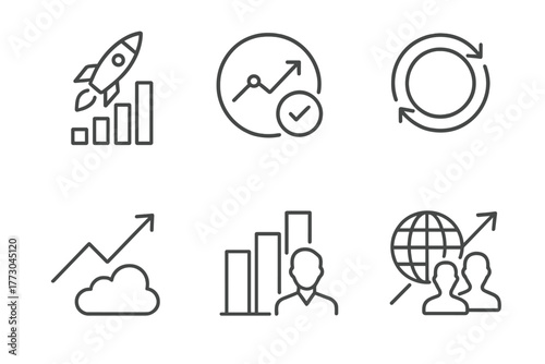 Private Equity Icons. Line style icons of private equity: startup to scale-up, market traction symbol, recurring revenue badge,