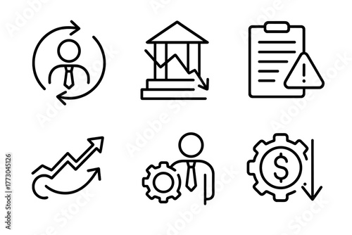 Private Equity Icons. Line style icons of private equity: turnaround strategy, distressed asset icon, crisis management plan,