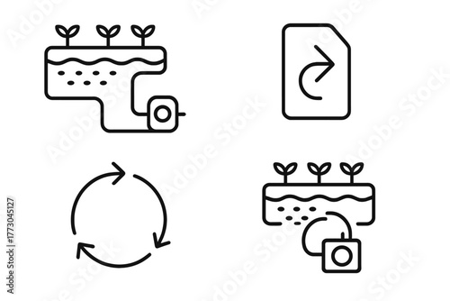 Hydroponic System Icons. Line style icons of hydroponics: water circulation system, pump icon with loop, flow arrow tag, closed