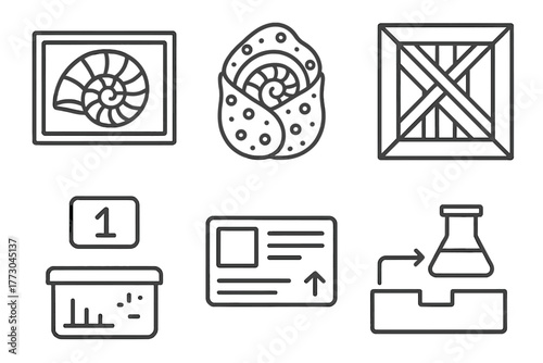 Paleontology Icons. Line style icons of paleontology: fossil transport box, protective wrap, crate icon, specimen ID number,