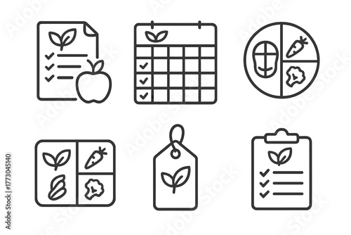 Vegan Diet Icons. Line style icons of vegan diet: vegan meal planning, weekly menu chart, portion size plate, meal prep container
