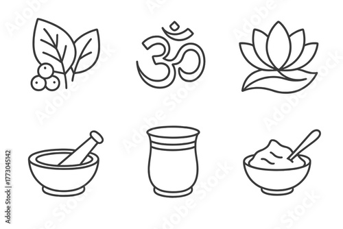 Ayurveda Symbols Icons. Line style icons of Ayurveda: Ayurvedic symbols and tools, Om icon, lotus with leaf symbol, traditional