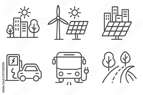 Renewable Energy Icons. Line style icons of renewable energy: green cityscape, wind-solar hybrid system, urban solar array, city