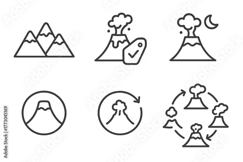 Volcano Lifecycle Icons. Line style icons of volcanology: volcano classification icon, active volcano tag, dormant status, extinct