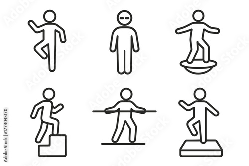 Balance Line Icons. Line style icons of balance and stability: one-leg stand, closed eyes balance, wobble board, step test,
