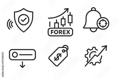 Forex Trading Icons. Line style icons of forex trading: signal provider badge, forex signal icon, entry price alert, stop loss