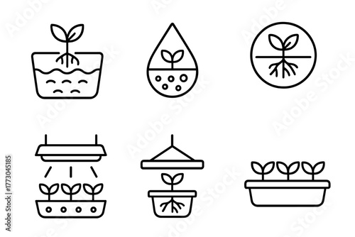 Hydroponics Line Icons. Line style icons of hydroponics: water-based plant system, nutrient solution icon, floating root diagram,