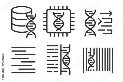Genetic Engineering Icons. Line style icons of genetic engineering: DNA database icon, bioinformatics chip, genetic data flow,
