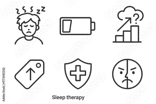 Sleep Therapy Icons. Line style icons of sleep therapy: poor sleep impact, low energy battery icon, memory fog chart, weight gain
