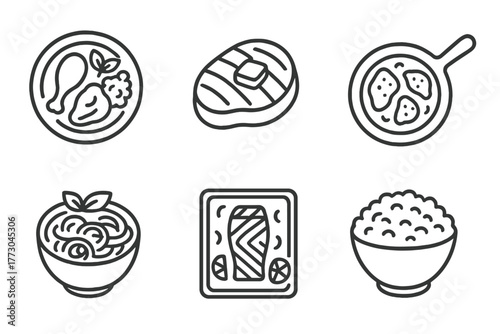 Keto Diet Icons. Line style icons of ketogenic diet: keto dinner, steak with butter icon, creamy chicken skillet, zoodles with