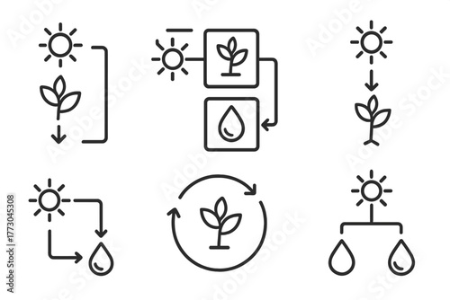 Artificial Photosynthesis Icons. Line style icons of artificial photosynthesis: sunlight to fuel flowchart, input-output diagram,