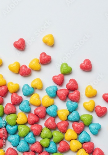 Wallpaper Mural A close-up studio shot of small, brightly colored confectionery pieces shaped like hearts, scattered across a white background, perfect for holiday backdrops ,romance ,colorful ,variety Torontodigital.ca