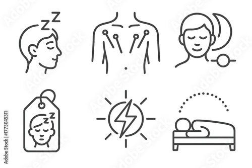 Acupuncture Sleep Icons. Line style icons of acupuncture: sleep and relaxation, body with sleep point needles, melatonin balance