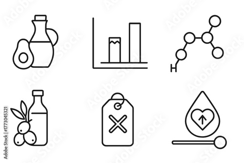 Nutrition Science Icons. Line style icons of nutrition science: fats and lipids, saturated vs unsaturated fat chart, fatty acid