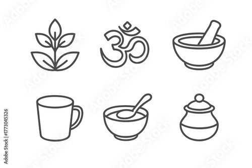 Ayurveda Symbols Icons. Line style icons of Ayurveda: Ayurvedic symbols and tools, Om icon, lotus with leaf symbol, traditional