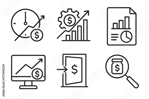 Private Equity Icons. Line style icons of private equity: investment horizon, value creation plan, quarterly reporting, portfolio
