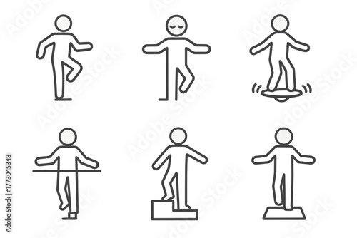 Balance Line Icons. Line style icons of balance and stability: one-leg stand, closed eyes balance, wobble board, step test,