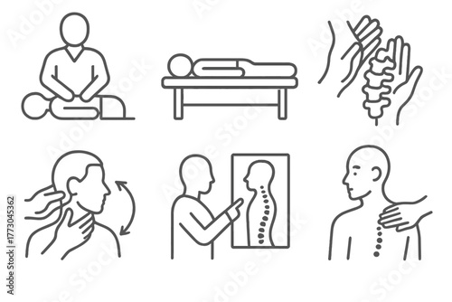 Chiropractic Care Icons. Line style icons of chiropractic care: chiropractic session, patient lying on table, spine adjustment