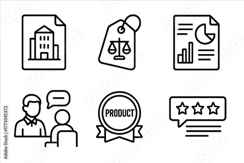 Due Diligence Icons. Line style icons of Due Diligence Process: Company background file, legal audit tag, financial report chart,