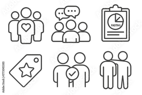 Intermittent Fasting Icons. Line style icons of intermittent fasting: community and support, group chat icon, fasting group chart,