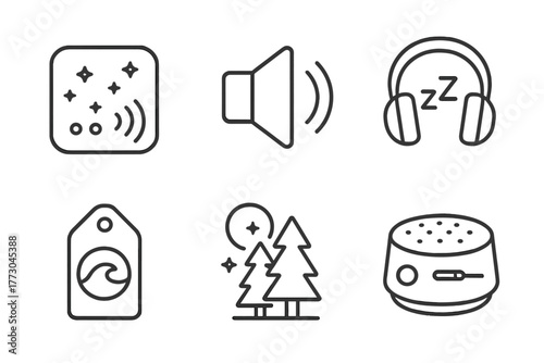 Sleep Therapy Icons. Line style icons of sleep therapy: white noise and sound therapy, speaker emitting waves, headphones with
