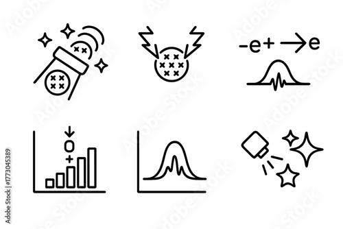 Dark Matter Detection Icons. Line style icons of dark matter: indirect detection methods, gamma-ray excess icon, positron signal,