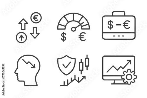 Forex Trading Icons. Line style icons of forex trading: economic divergence icon, currency strength meter, forex news ticker,