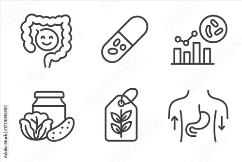 Nutrition Science Icons. Line style icons of nutrition science: gut health and probiotics, probiotic capsule icon, gut bacteria
