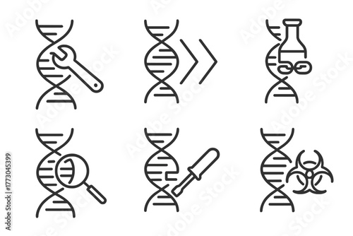 Genetic Engineering Icons. Line style icons of genetic engineering: DNA repair mechanism, homologous recombination, DNA ligase