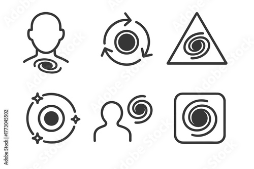Black Hole Icons. Line style icons of black holes: no-hair theorem icon, black hole identity, mass-charge-spin triangle,