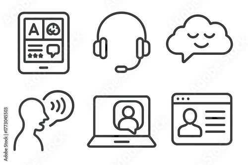 Telemedicine Line Icons. Line style icons of telemedicine: teletherapy tools, headset icon for therapy, emotional support cloud,