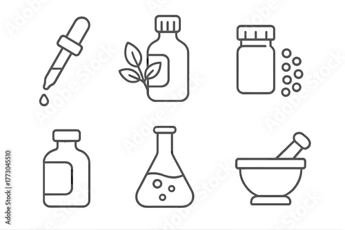 Homeopathy Remedy Icons. Line style icons of homeopathy remedies: glass dropper, herbal tincture, sugar globules, amber bottle,