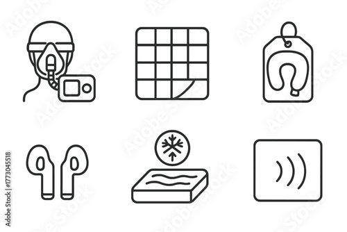 Sleep Therapy Icons. Line style icons of sleep therapy: therapeutic devices, weighted blanket icon, neck pillow tag, sleep earbuds