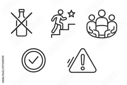 Mental Health Icons. Line style icons of mental health: substance abuse and recovery, crossed bottle icon, recovery steps icon,