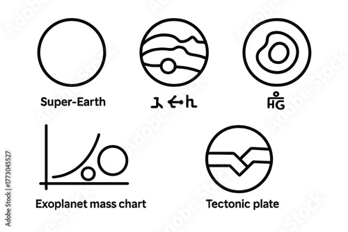Exoplanet Line Icons. Line style icons of exoplanets: super-Earth icon, rocky terrain, thick atmosphere, exoplanet mass chart,