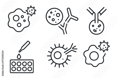 Microbiology Icon Set. Line style icons of microbiology: immunology overlap, antigen recognition, antibody response, ELISA test, T