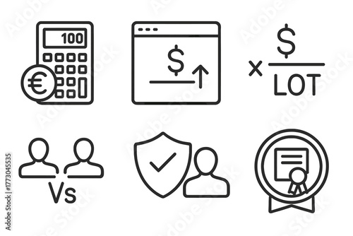 Forex Trading Icons. Line style icons of forex trading: pip value calculator, margin requirement display, position size formula,