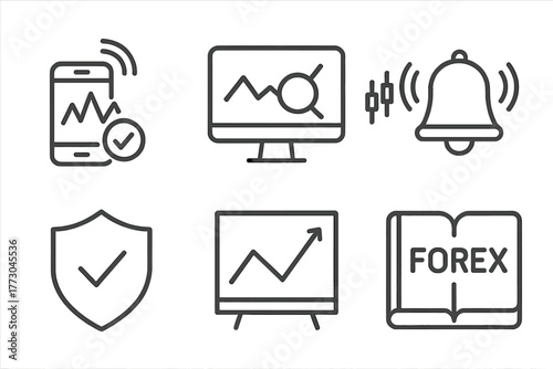 Forex Trading Icons. Line style icons of forex trading: real-time alerts, market scanner, trade alert bell, account verification,